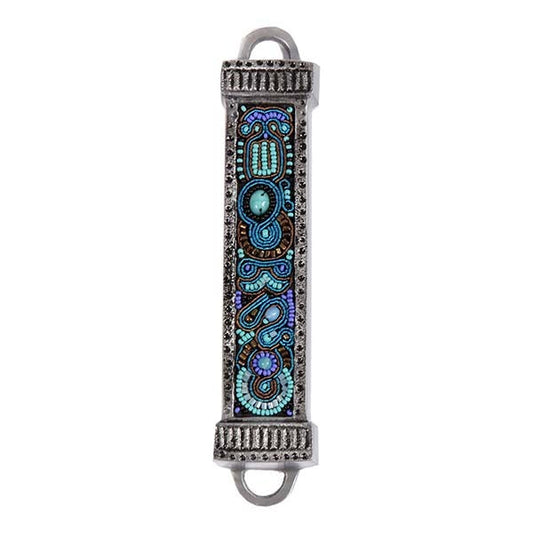 Beaded Metal Mezuzah Case, Turquoise