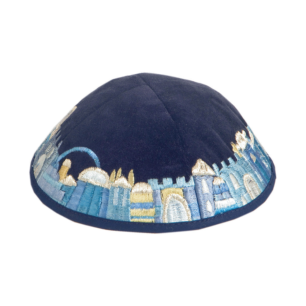 Velvet Embroidered Kippah, Blue