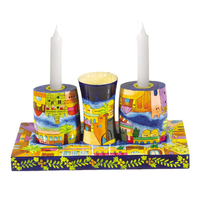 Hand Painted Wood Shabbat and Havdalah Set, Jerusalem