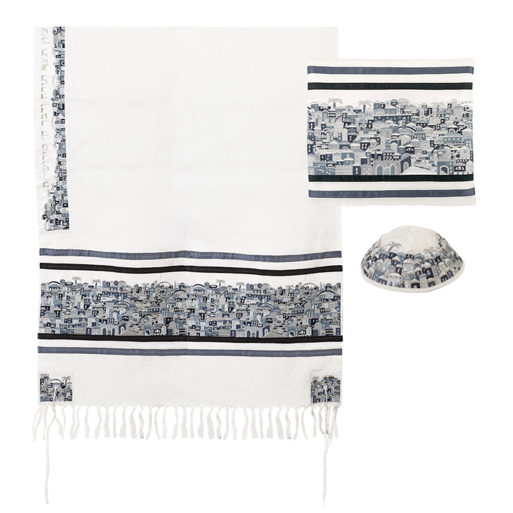 Embroidered Tallit Set, Jerusalem, Black/Gray, 41.5"