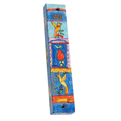 Hand Painted Wood Mezuzah, Birds and Pomegranates, 5"