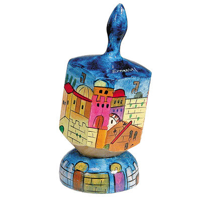Hand Painted Wood Dreidel with Stand, Jerusalem Shin