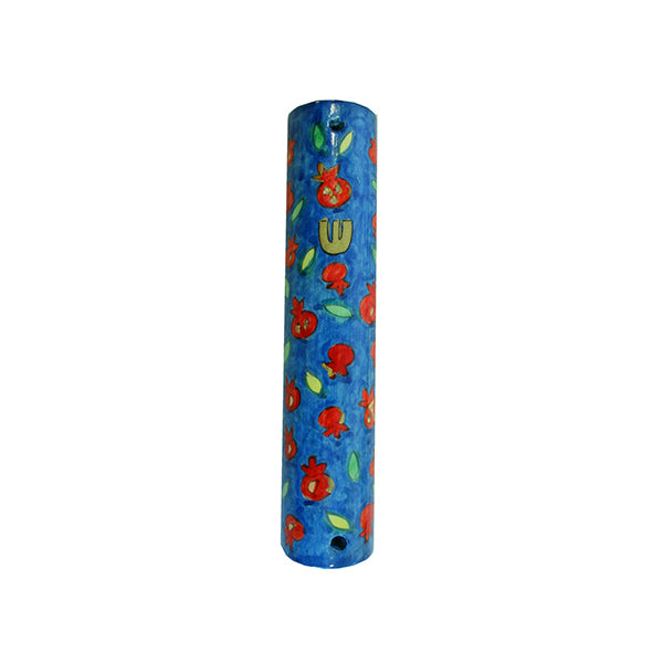Hand Painted Wood Mezuzah, Pomegranate, 5"