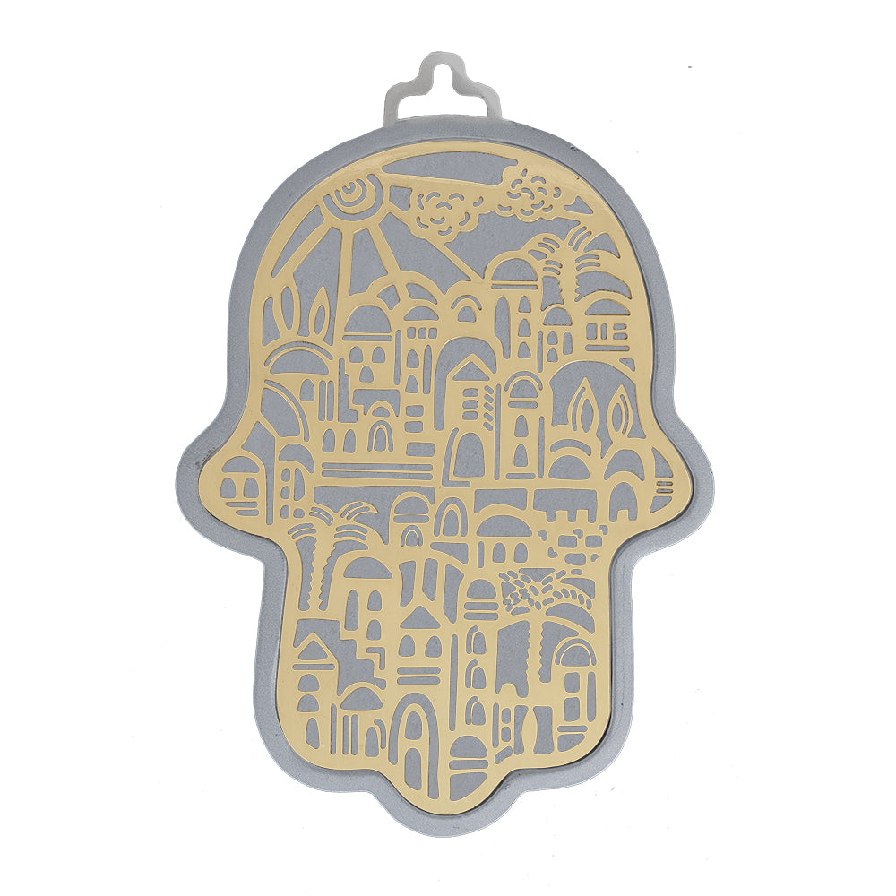 Silver and Brass Hamsa Wall Hanging, Jerusalem Cutout, 6.5"
