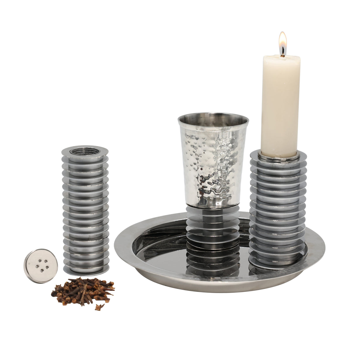 Ridged Metal Havdalah Set, Matte and Shiny