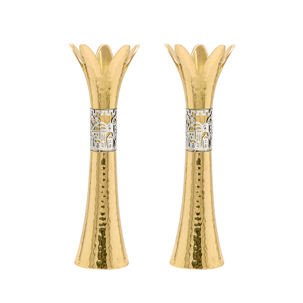 Hammered Flower Shabbat Candlesticks, Jerusalem Cutout