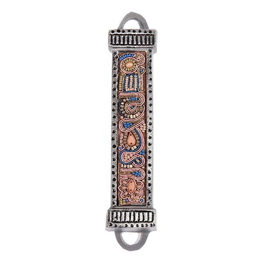 Metal Mezuzah Case with Embroidered Panel, Pink