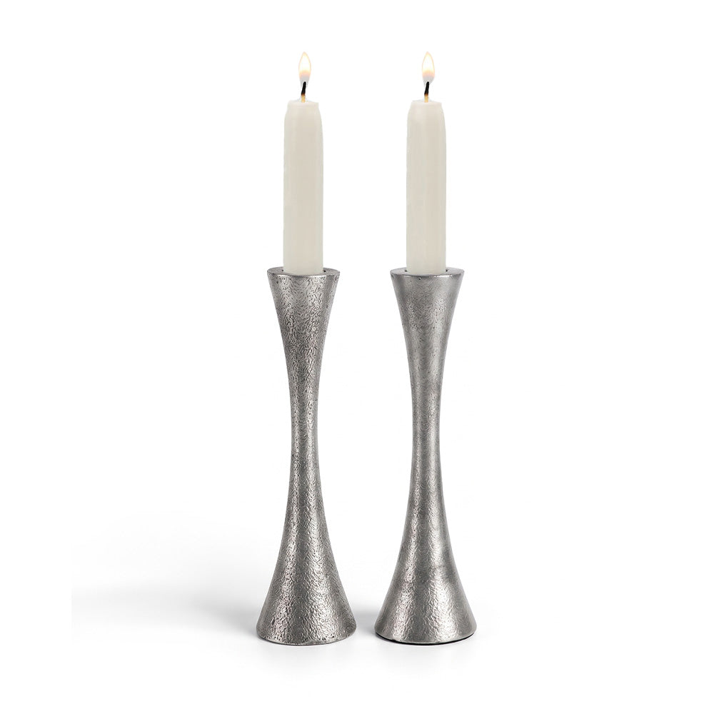 Hammered Aluminum Shabbat Candlesticks, Antique Silver 6"