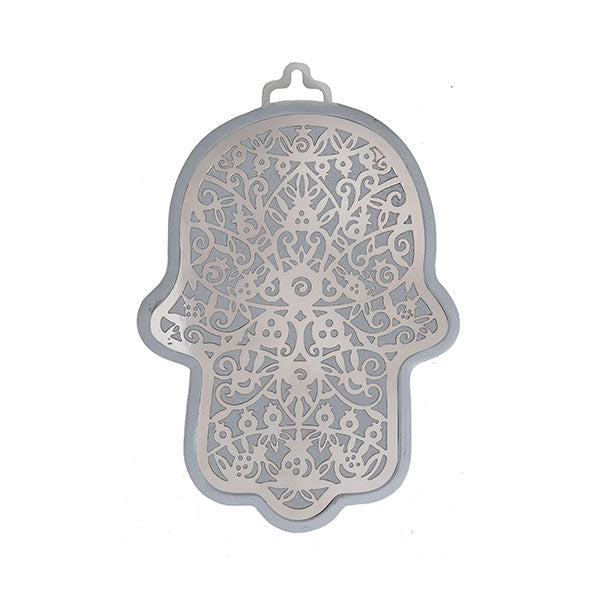 Small Metal Cutout Hamsa, Silver and Grey, Pomegranate, 3"