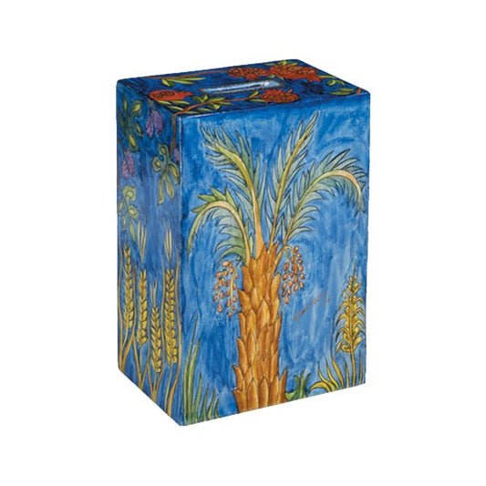 Hand Painted Wood Tzedakah Box, Seven Species