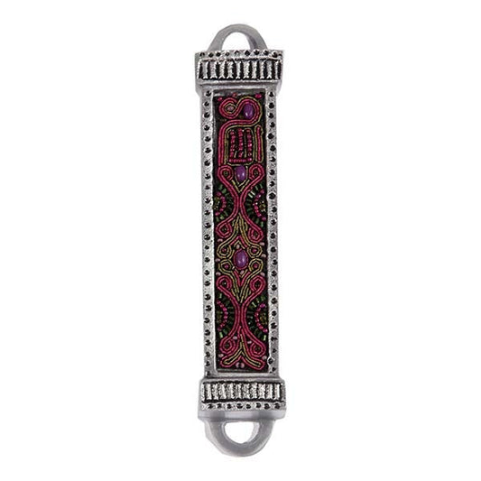 Metal and Embroidered Mezuzah Case, Purple