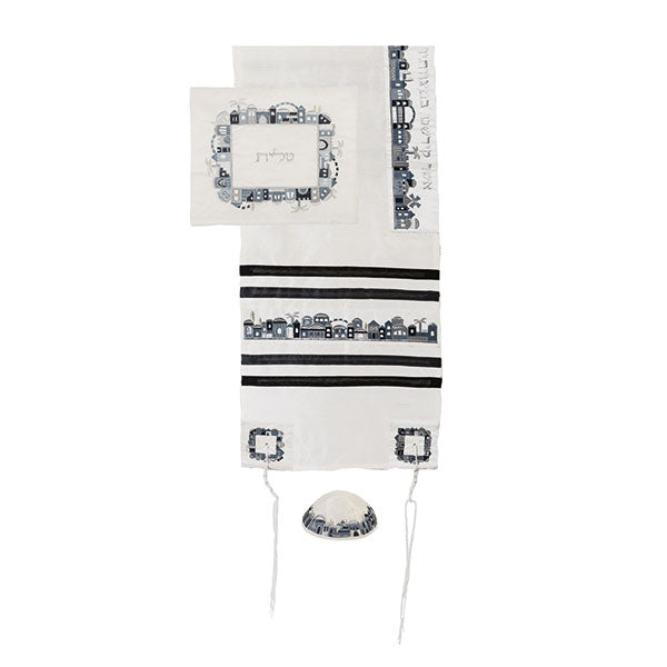 Embroidered Tallit Set, Jerusalem Black and Gray
