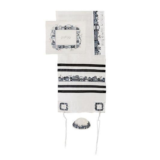 Embroidered Tallit Set, Jerusalem Black and Gray