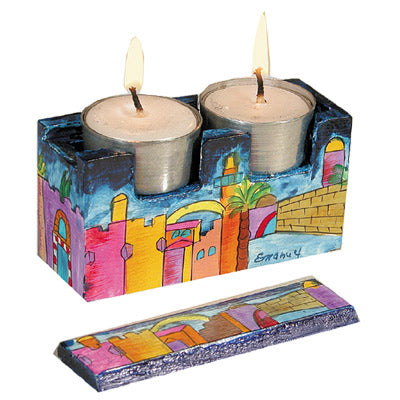 Hand Painted Wood Travel Candlesticks, Jerusalem