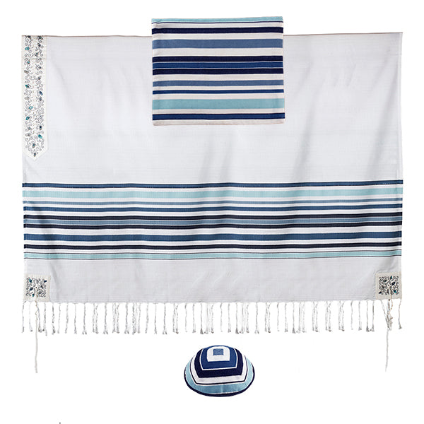 Woven Blue Striped Tallit Set, Pomegranate Atara, 67"