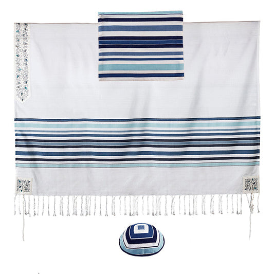 Woven Blue Striped Tallit Set, Pomegranate Atara, 67"