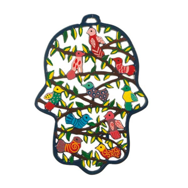 Hand Painted Metal Hamsa, Birds , 9.5"
