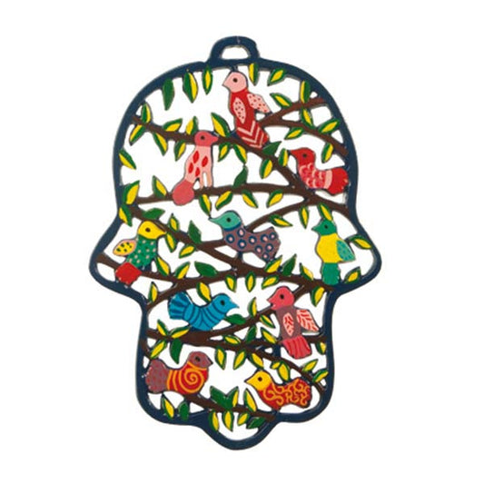 Hand Painted Metal Hamsa, Birds , 9.5"