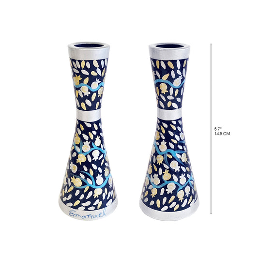 Hand Painted Metal Shabbat Candlesticks, Pomegranate