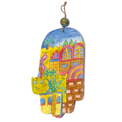 Hand Painted Wood Hamsa, Modern Jerusalem, 6"