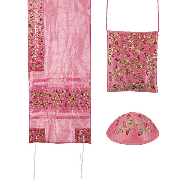 Embroidered Tallit Set, Pomegranate Pink