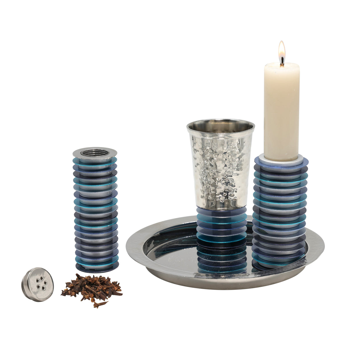 Hammered Metal Havdalah Set, Blue Discs