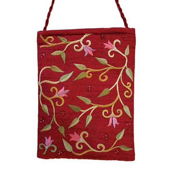 Embroidered Fabric Passport Bag, Flowers, Maroon