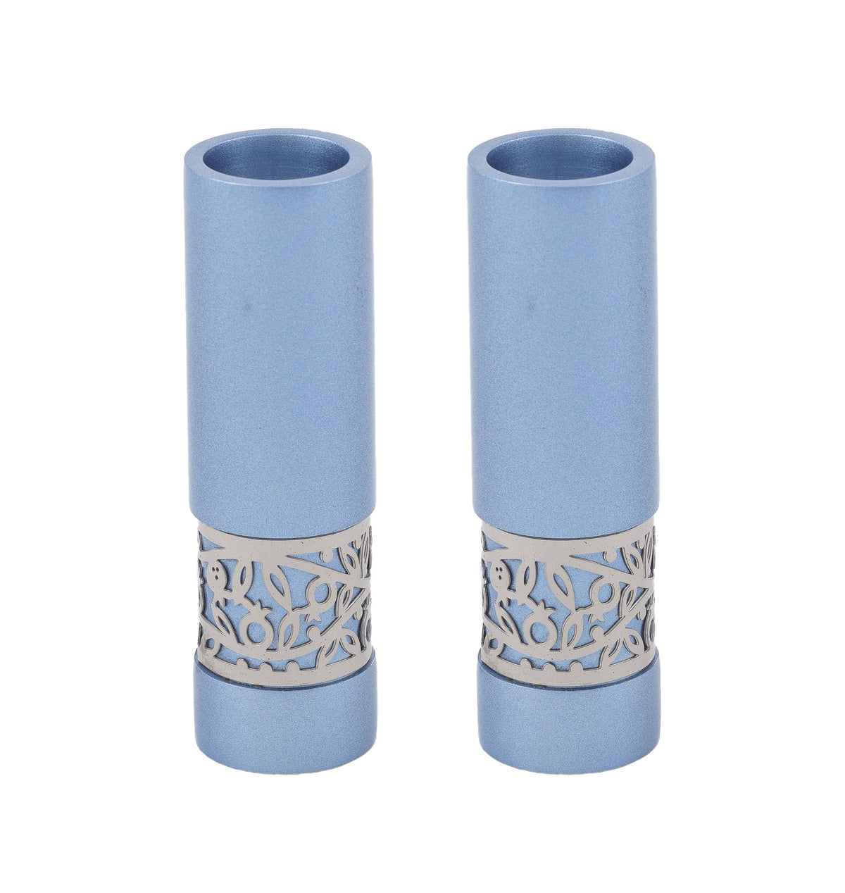 Round Aluminum Candlesticks, Pomegranate Cutout, Blue