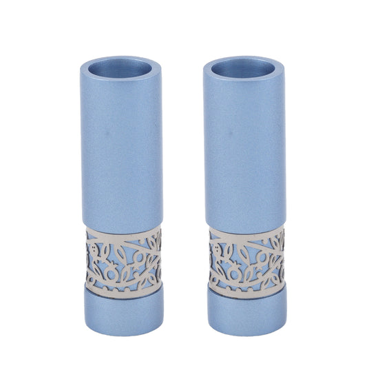 Round Aluminum Candlesticks, Pomegranate Cutout, Blue