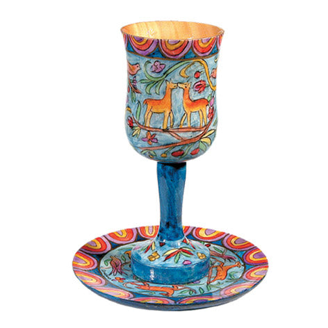 Hand Painted Wood Kiddush Cup and Plate, Deer, Large