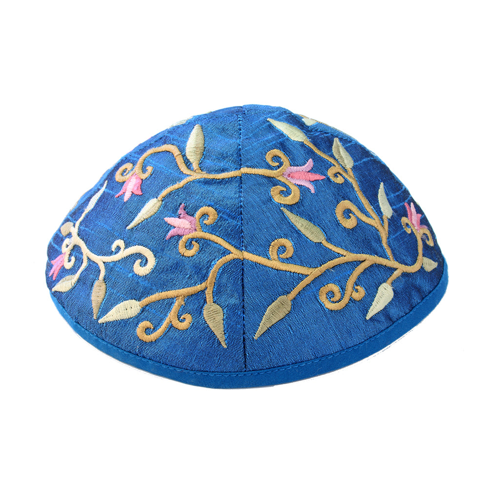 Floral Embroidered Kippah, Light Blue