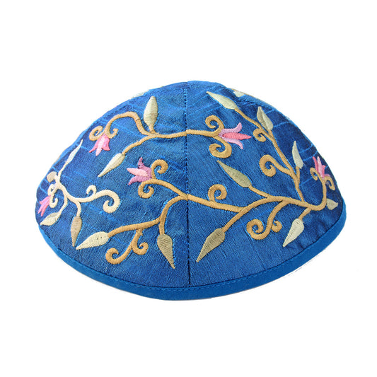 Floral Embroidered Kippah, Light Blue