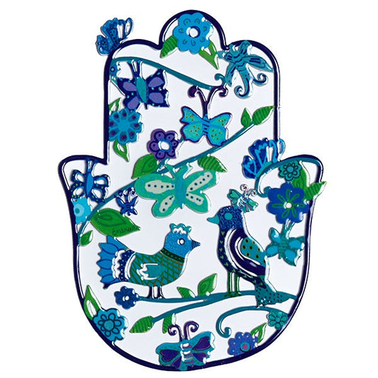 Enamel Lacquer Metal Hamsa, Birds and Blue Florals