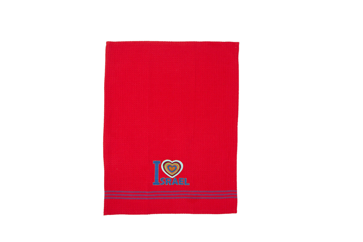 Embroidered Cotton Dish Towel, I Love Israel, Red