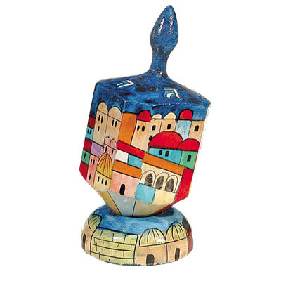 Hand Painted Wood Dreidel with Stand, Jerusalem Shin