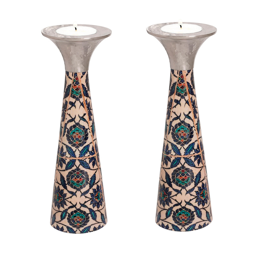 Neema Enamel Cone Candlesticks, Oriental Floral