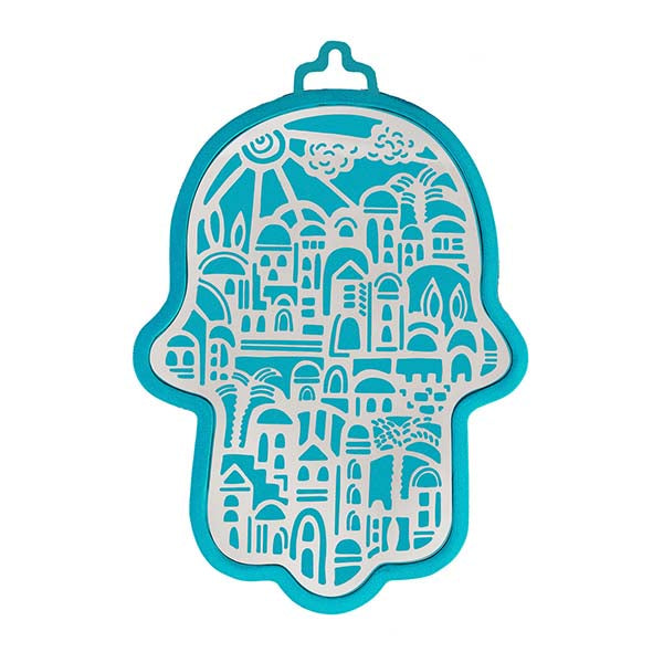Large Metal Hamsa Wall Decor, Turquoise and Silver, Jerusalem