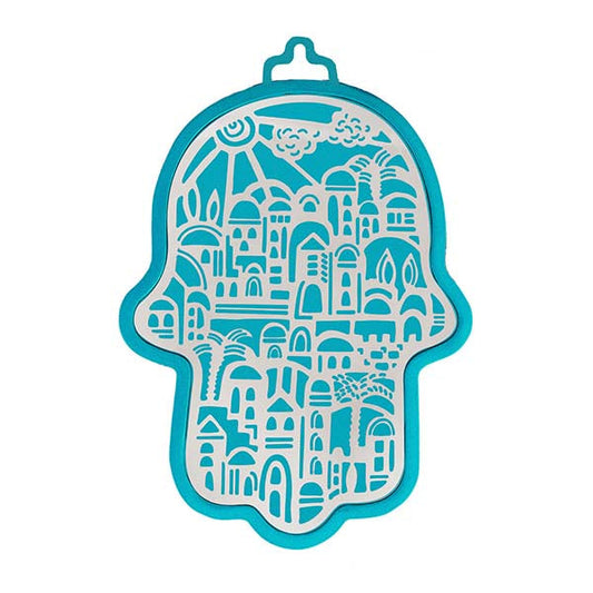 Large Metal Hamsa Wall Decor, Turquoise and Silver, Jerusalem