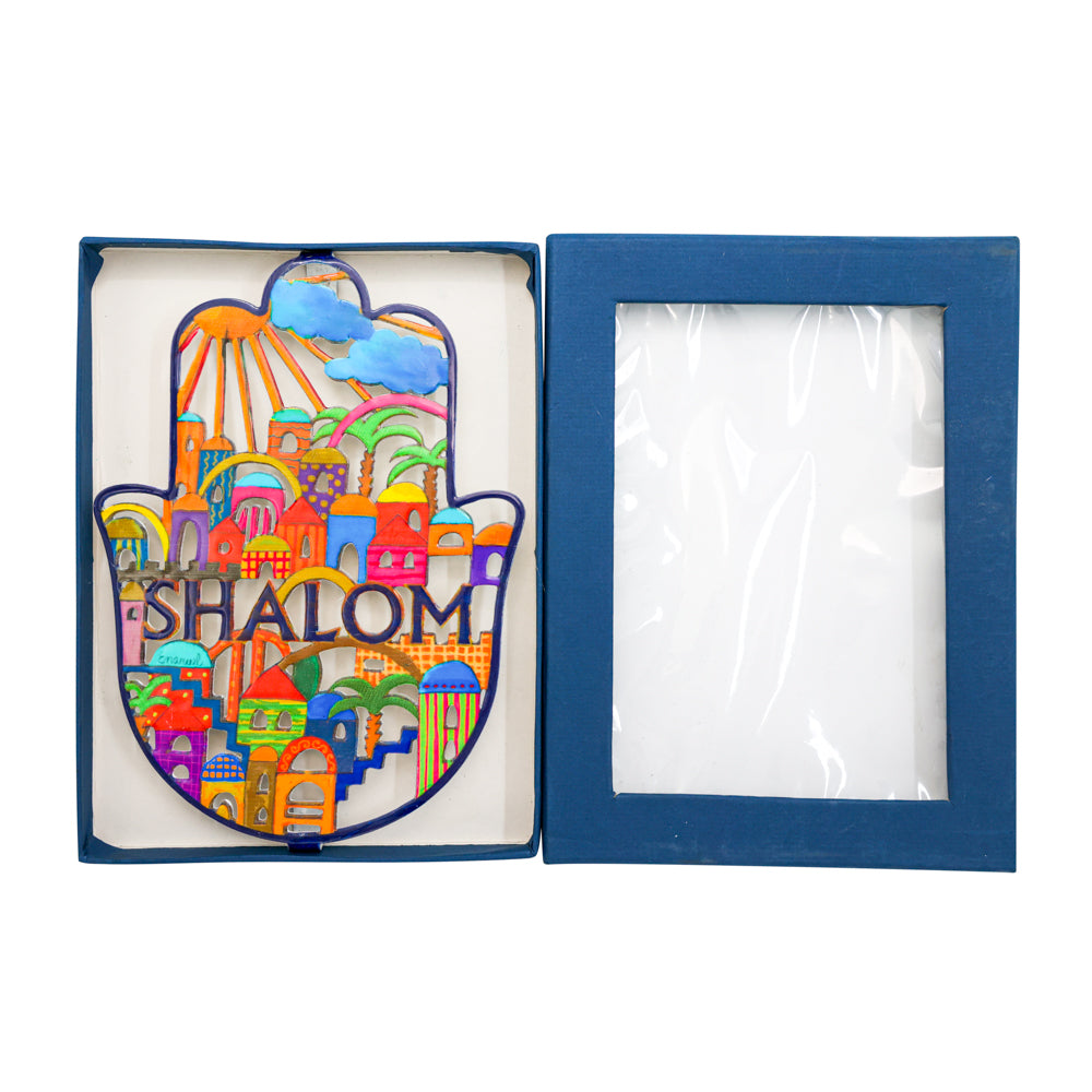 Metal Hamsa Wall Hanging, Jerusalem and Shalom, 9" x 7"