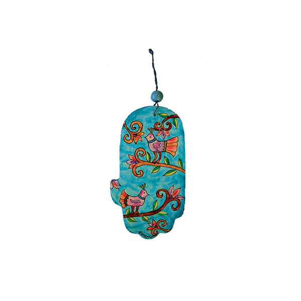 Hand Painted Wood Hamsa, Birds, 3.5"
