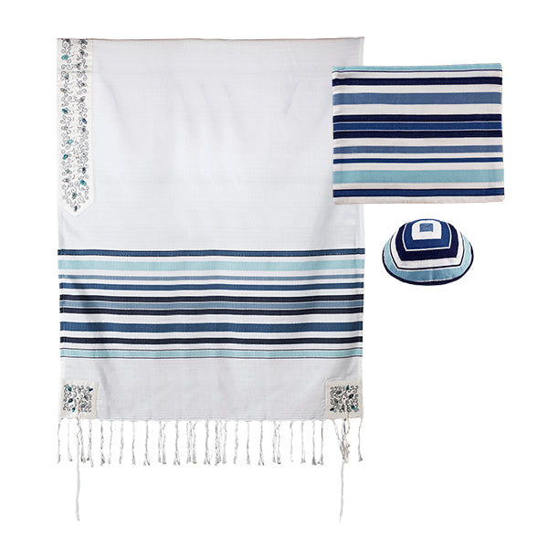 Woven Tallit Set 41.5", Blue Stripes, Pomegranates