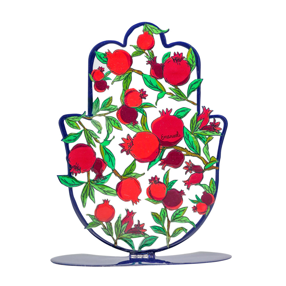 Hand Painted Metal Hamsa Stand, Large, Pomegranate