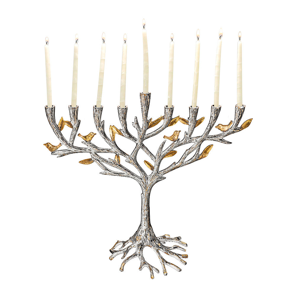 Aluminum Tree of Life Menorah, Copper Leafs, 12"