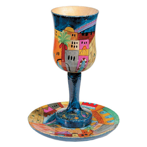 Hand Painted Wood Kiddush Cup and Plate, Large Jerusalem