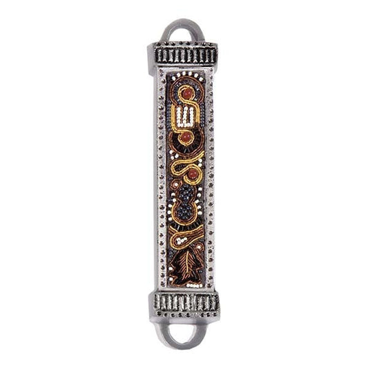 Metal Mezuzah Case with Beaded Embroidery, Brown