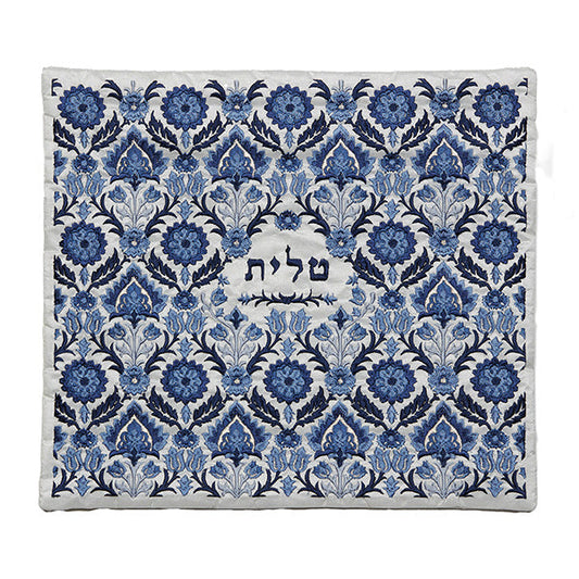Embroidered Silk Tallit Bag, Antique Floral Blue