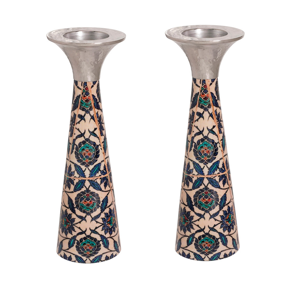 Neema Enamel Cone Candlesticks, Oriental Floral