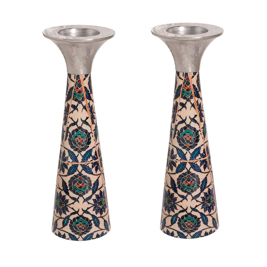 Neema Enamel Cone Candlesticks, Oriental Floral