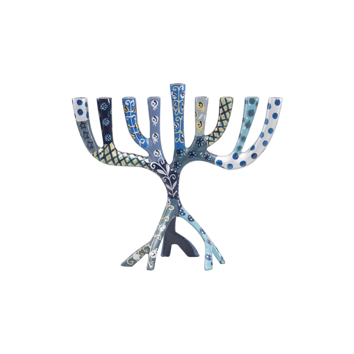 Hand Painted Metal Menorah, Blue Tree of Life