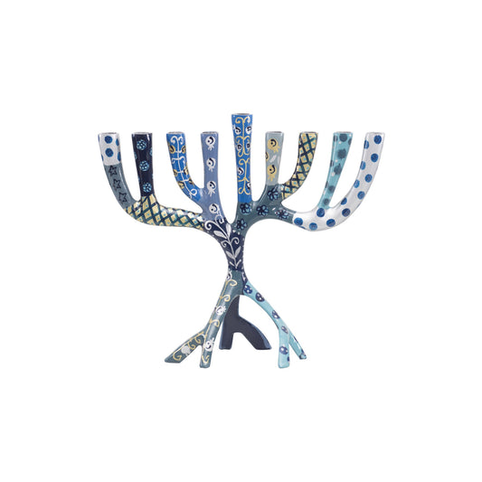Hand Painted Metal Menorah, Blue Tree of Life
